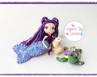 Mini Pose-able artistic polymer clay Purple Mermaid Doll (#4) and Pet Turtle by Jogee's Clay Garden