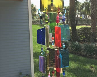 Wind Chime Stained Glass Sun Catcher Upcycled Wine Bottle Top. Rustic Garden Art!