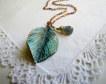 Labradorite Necklace Patina Necklace Leaf Necklace Long Boho Necklace Boho Jewelry Boho Fashion Gemstone Necklace Nature Rustic Jewelry