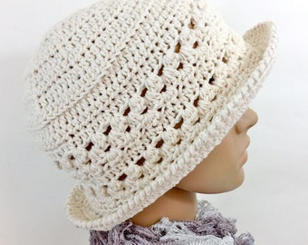 Cotton Cloche Hat Natural White Cotton Spring Summer Garden Hat Beach Ecru Brim Hat Handmade Crochet Sun Hat Women Adult Brimmed Summer Hat
