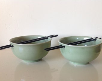 Vintage Celadon Pho Noodle Bowls with Chopsticks, Pair of Large 32 ounce Ramen Bowls, Celadon Rice Bowls, Miso Soup Bowls