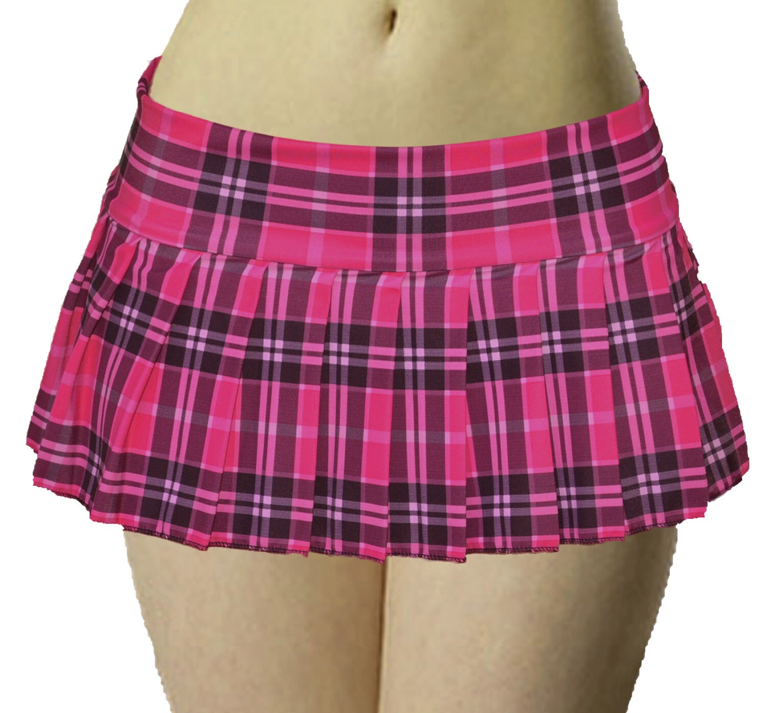Hot Pink Stretch Lycra Plaid Pleated Micro Mini Skirt
