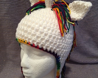 Rainbow Unicorn Crochet Earflap Hat