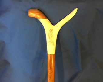 cane walking stick with scrimshawed bear on antler