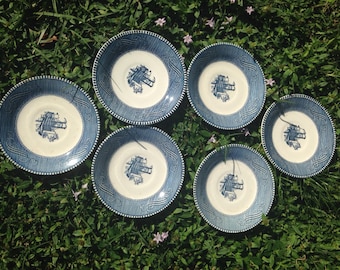 Currier and Ives Blue by Royal (USA) Set of 6 Saucers
