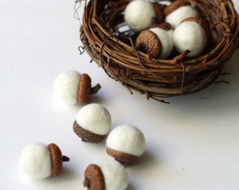 White felted acorns in a birds nest