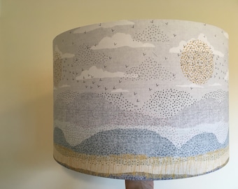 Handmade lampshade in Dashwood Birdsong fabric, peaceful sunset birds beach scene, various sizes and coloured linings!