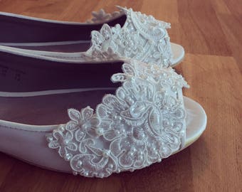 SALE - wedding shoes size 10 white Bridal Peep Toe Flats