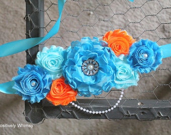 Maternity Sash, Boy Maternity Sash, Orange Maternity Sash, Turquoise Sash, Pregnancy Sash, Baby Shower Sash, RTS, Orange, Turquoise, Aqua