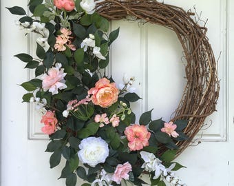 White + Coral + Peach | Spring Wreath | Summer Wreath | Greenery Wreath | Grapevine Wreath | Front Door Wreath