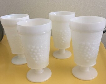 Anchor Hocking Milk Glass Tumblers Grape Leaf Pattern Set of 4
