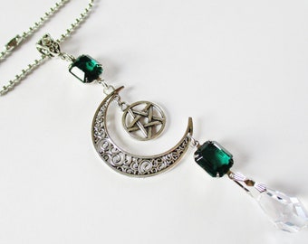 Rearview Mirror Car Accessories For Women Moon and Star Rear View Mirror Car Charm Car Decor Emerald Green Car Suncatcher