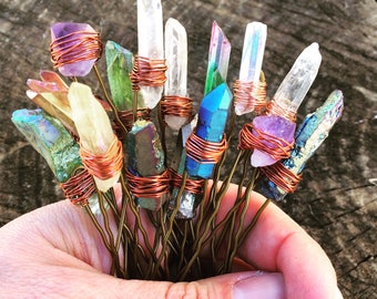 Crystal hair pin, quartz hair pin, raw crystal hairpin, bridal hair pin, wedding hair accessory, quartz bobby pin, boho, gift for her