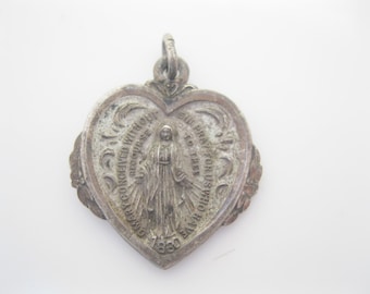 Antique Sterling religious medal holy mary