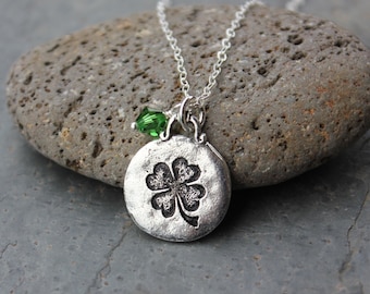 Lucky clover necklace - pewter charm, Swarovski crystal dangle, sterling silver chain - Good Luck - birthstone colors - Free Shipping USA