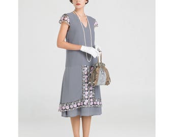1920s tea dress in grey with cap sleeves, Great Gatsby party dress, Jazz Age Lawn Party dress, Downton Abbey dress, 1920s flapper dress