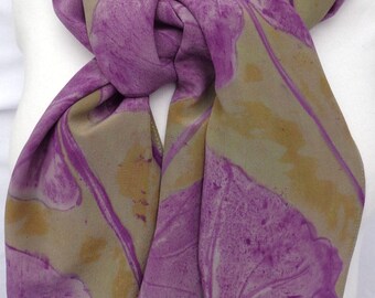 silk scarf hand painted Purple Philodendron crepe large long unique gray wasabi green luxury wearable art women fashion