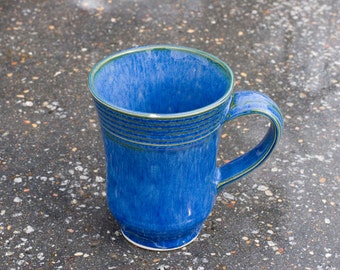 16 oz Mug, Ocean Blue with hints of Green Mug, Blue Green, Natural Patina High Fire Stoneware, Hand Painted, Ready To Ship