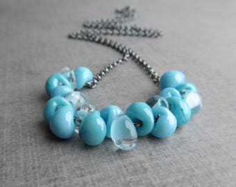 Blue Necklace Oxidized Silver, Blue Glass Drop Necklace, Oxidized Sterling Silver Necklace Blue, Robins Egg Blue, Powder Blue, Sky Blue Bead
