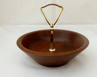 Wood Tidbit Bowl with Gold Handle Diversified Industries Solid Walnut Dish Mid Century