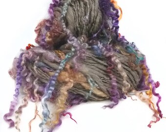 Handspun Art Yarn hand spun Merino wool & handdyed Wensleydale locks, curly yarn, tailspun, textured, curls