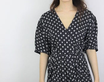 1980s Navy & White Printed Midi Dress Size UK 12, US 8, EU 40