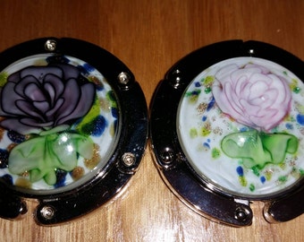 CLEARANCE! Glass Rose Purse Hook Pink or Purple w White Background Flower Folding Stocking Handbag Hanger Holder Table Bar Desk Dresser