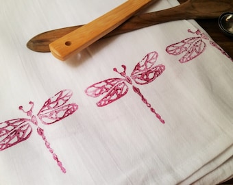 Block Printed Flour Sack Kitchen Towel Burgundy Dragonflies 28" x 32"