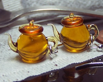 Amber yellow tea tiny teapots glass dangling earrings