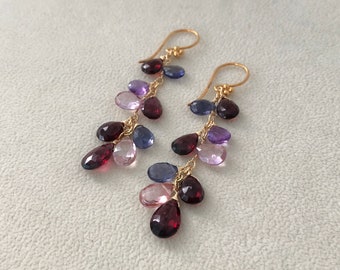 Red Semiprecious Gemstone Earrings in Gold Vermeil and Garnet, Mystic Pink Quartz, Iolite, Rhodolite Garnet