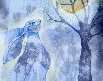 The Hare at Full Moon: Art print of original gelatin monoprint