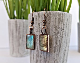 Antiqued Copper Electroformed Labradorite Earrings