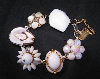 Upcycled Earring Bracelet, Bridesmaid Gift, Vintage, White,Gold,Milk Glass, Cluster, Jennifer Jones, Under 40, Coupon Code, OOAK - Milky Way