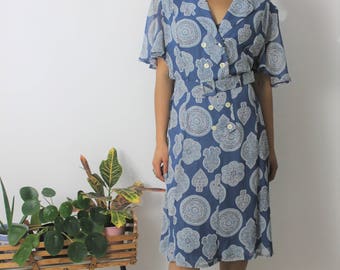 1990s Blue Chiffon Belted Midi Dress Size UK 12/14, US 8/10, EU 40/42