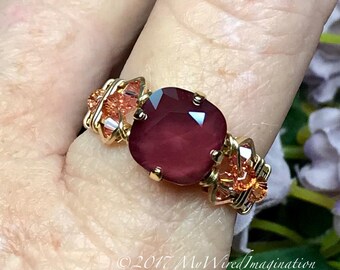 Dark Red & Light Rose, Swarovski Crystal Hand Crafted Wire Wrapped Ring, Original Signature Design, Fine Jewelry Unique Handmade Ring