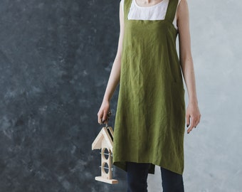 Linen Artisan Pinafore Green Moss / Japanese Style Apron / Cross Over Apron / Soft Cross Back Apron / Linen Apron Dress / No Ties Apron