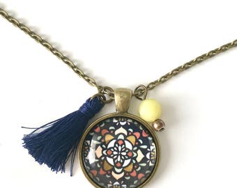 Mosaic Pendant and Tassel Necklace, Mosaic Jewelry