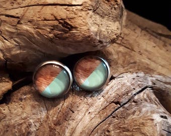 cabochon style earrings, wood and blue, 12 mm stainless steel