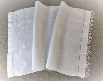 Antique Guest Towel Vintage White Linens Lace Tatting Tatted Huck Damask Shabby Cottage Bathroom Bath Decor Art Deco Nouveau Vintage Linens