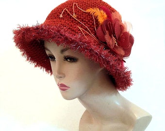 Crochet hat cloche hats for women orange hat womens hat bucket dressy hat womens fedoras trendy wide brim hats burnt orange hat
