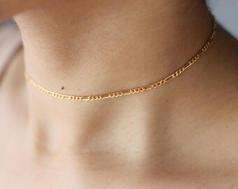 Dainty Gold Necklace - Figaro Chain Choker Necklace - Minimalist Jewelry - Layering Necklace - Lace Choker - Simple Chain Choker - Bohemian