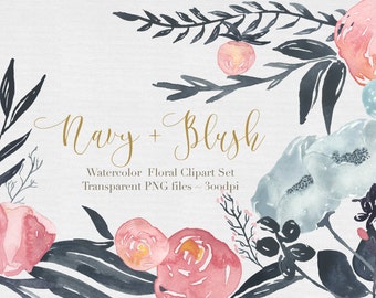 Watercolor Flowers Clipart Files - High Res Transparent PNG - Navy & Blush Hand Painted Digital Scrapbook elements - Instant download