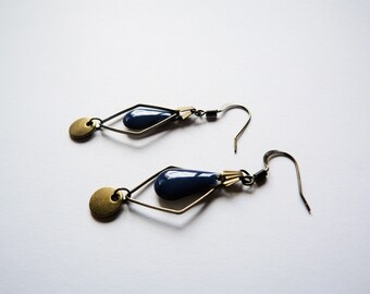 Blue and brass dangle earrings