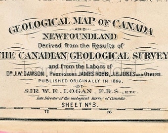 1880 Antique Geological Map of Canada and Newfoundland Canada Newfoundland Antique Map - Rare - Hand-coloured - Sheet no. 3