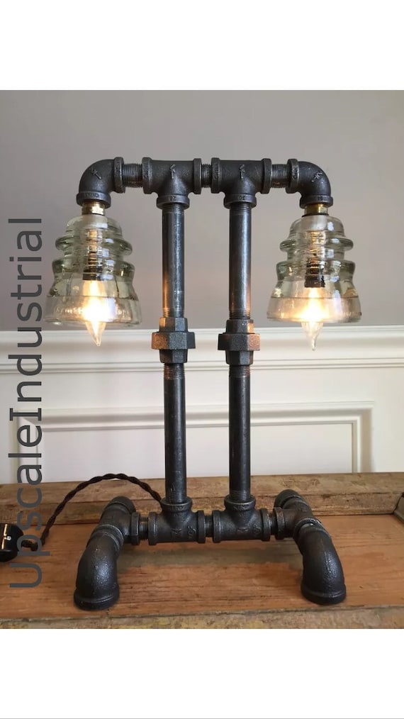 Steampunk Lamp/Industrial lamp/Iron Pipe Light/Industrial Lighting/Glass Insulator/ Insulator Lighting Bankers Lamp Edison Lamp Lighting
