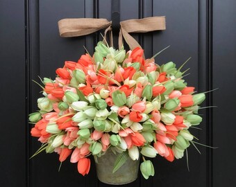 Tulips Farmhouse Door Wreaths Tulips Mother's Day Wreath Easter Wreaths Easter Tulips Trending Wreaths Shabby Chic Decor
