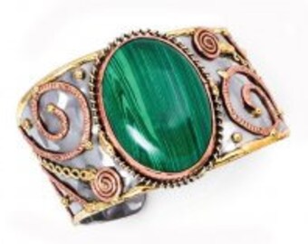 Malachite Bracelet, Mixed Metal Cuff Bracelet, Brass Copper Bracelet, Nickel Free Bracelet, Handmade, Boho Chic