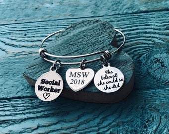 MSW, Master of Social Work, Masters degree, Social Worker, Professional Jewelry, Silver Jewelry, Graduation, Grad, Silver Bracelet, Gifts