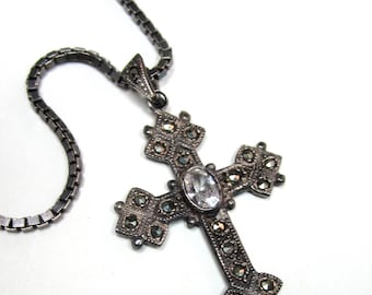 Heavy Germany vintage sterling marcasite cross pendant necklace 15.58 g
