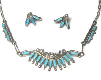 Vintage Zuni Turquoise Needlepoint Necklace Earrings Jewelry Set